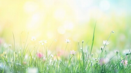 Fototapeta premium Spring Meadow Dream: A vibrant field of wildflowers and lush green grass basks in the soft, warm glow of a spring sunrise, creating a dreamy, idyllic scene.