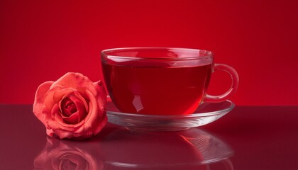 Fototapeta premium National peace rose day, red tea in cup, rose flower, isolated red background, copy space