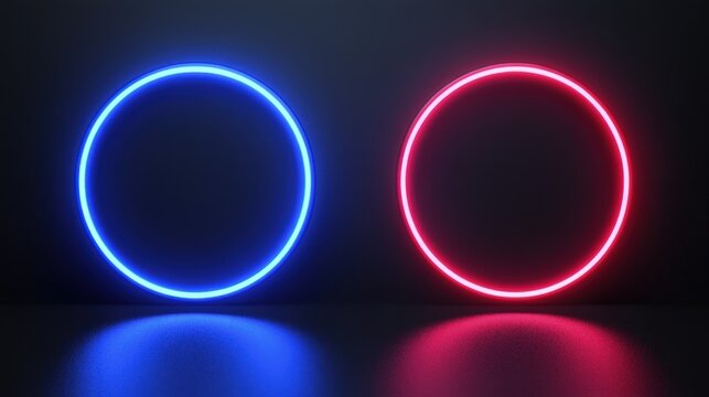 3D neon rings floating in space, casting vibrant light trails as they rotate slowly.