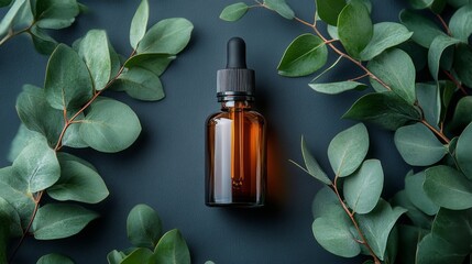 Natural essential oil bottle surrounded by green eucalyptus leaves on a dark background
