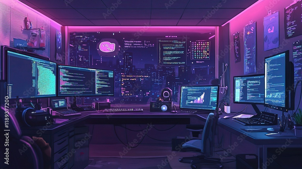 Poster programmers room with multiple screens and coding equipment
