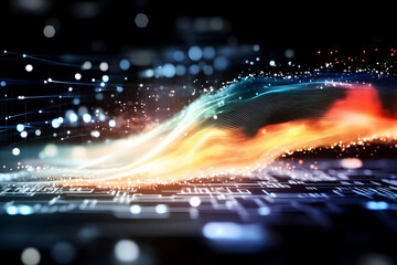 Obraz premium Abstract digital wave flowing over circuit board; futuristic technology background; concept for innovation, data flow, or connectivity; ideal for tech websites or presentations