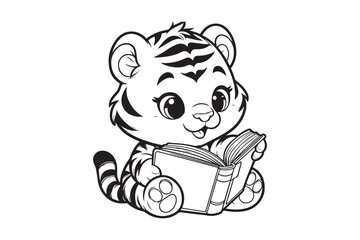 Cute Baby tiger Reading Book Cartoon outline 