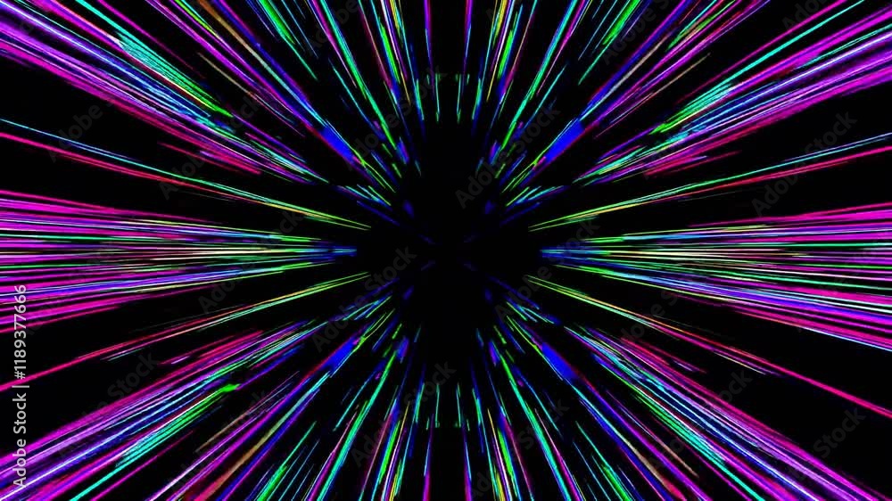 Poster a vibrant explosion of colorful light beams radiating from the center, creating a dynamic and energe