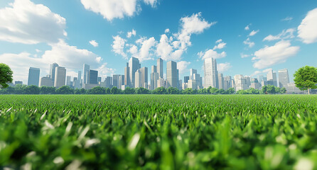 a green field with a city skyline in the background, featuring a blue sky with white clouds