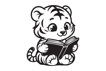 Cute Baby tiger Reading Book Cartoon outline 
