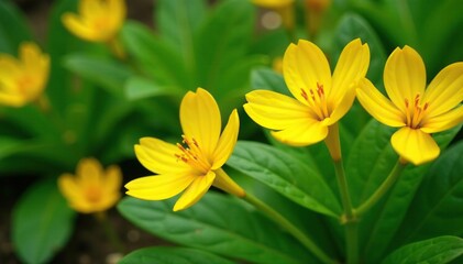 Obraz premium Yellow Alstroemeria flowers with green foliage in a garden bed, garden, nature, flowers in garden