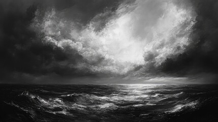 Obraz premium Dramatic seascape with turbulent waves and stormy clouds, evoking a sense of nature's power.