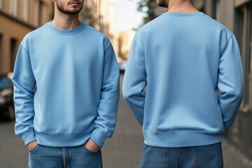 A young man wearing a light blue color sweatshirt mockup stands on a city street. The image shows him from the front and back, with hands in pockets, showcasing the casual style.