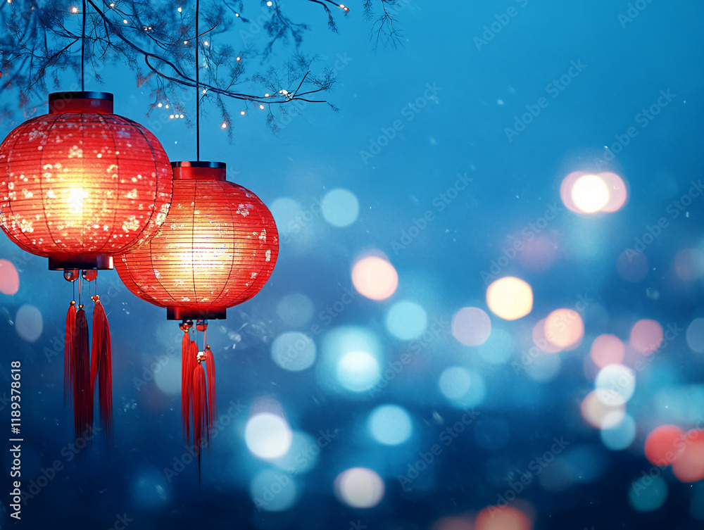 Poster Festive red lanterns glowing on a tree branch with soft bokeh background