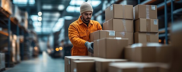 Worker loads boxes into truck. Busy warehouse setting. Organized logistics process. Efficient last-mile delivery service. Man in orange uniform handles cargo. Transportation, logistics industry.