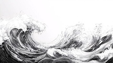Monochrome illustration of a dramatic ocean wave cresting with intricate swirling details and splashes in a bold style
