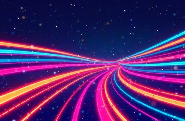 Obraz premium Abstract background, multi-colored neon curved lines on a dark blue background with lights curving in one direction in the manner of a road