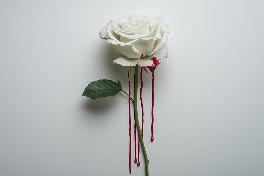 Bleeding white rose symbolizes love and loss studio photography minimalist aesthetic close-up artistic concept