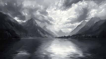 A monochromatic landscape depicting mountains and a reflective lake under dramatic clouds.