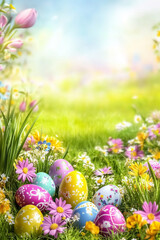 Easter egg hunt with flowers on a meadow in spring season greeting card copyspace copy space portrait format