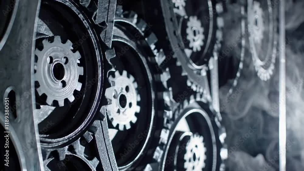 Poster close-up of interlocking gears in a mechanical environment, showcasing intricate details and metalli