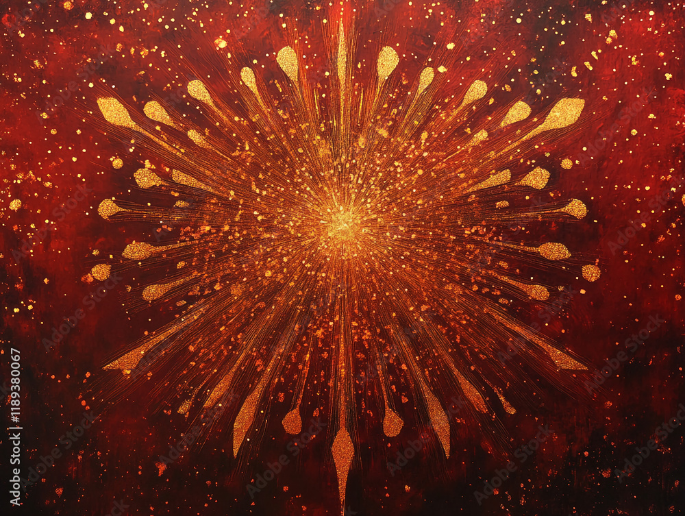 Poster golden abstract explosion art on red background with radiant spark design