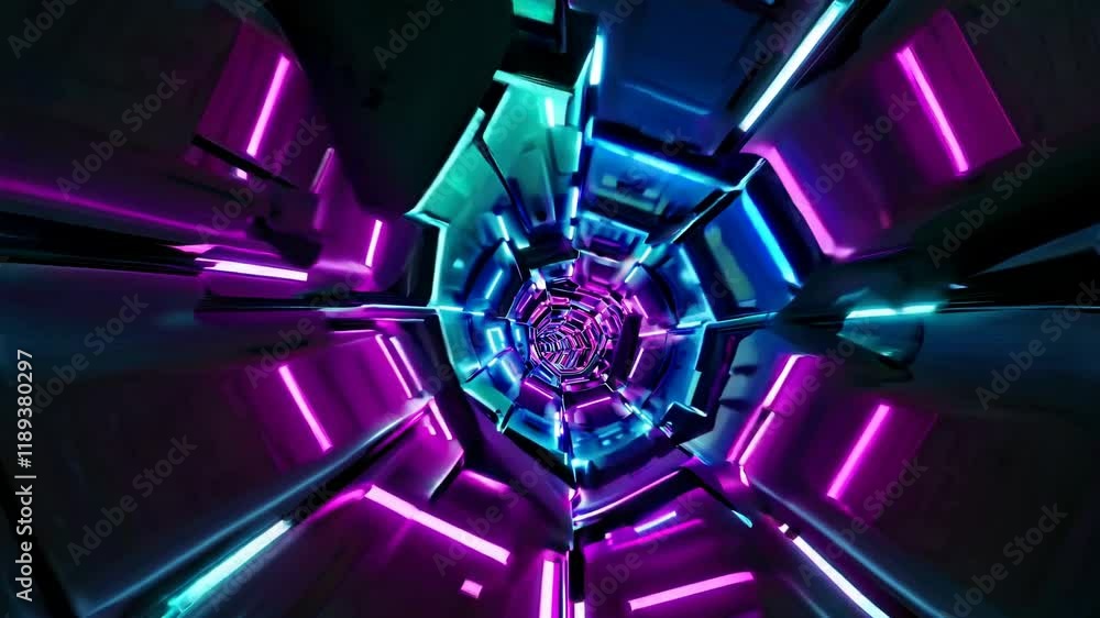 Poster a mesmerizing view of a futuristic tunnel illuminated with vibrant neon lights in a spiral pattern.
