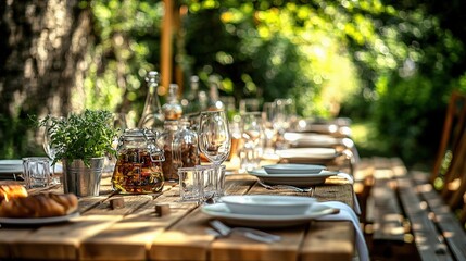Summer Soiree Table Setting: A rustic wooden table set with white linen and sparkling glassware invites you to a summer soiree amongst the greenery, evoking a sense of warmth and celebration.  