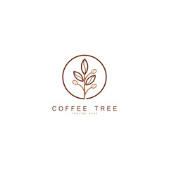 coffee bean with leaf plant branch hipster minimal logo vector with leaf simple line outline icon for cafe
