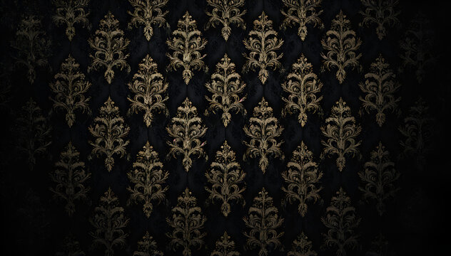 Fototapeta Ornate golden floral damask pattern on a black textured background, luxurious vintage-style wallpaper for elegant and decorative themes