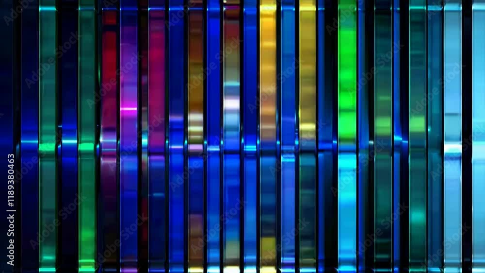 Poster a vibrant display of colorful vertical stripes, showcasing a spectrum of light and reflection, perfe