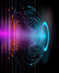 Abstract sound wave energy flow, glowing vibrant colors, dark background, for tech or music visuals