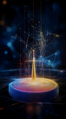 Abstract spinning top with glowing light and data visualization; futuristic technology concept; ideal for tech websites and presentations