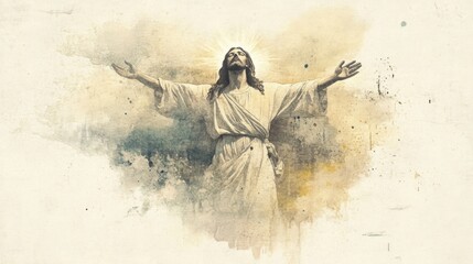 Watercolor painting of Jesus ascending into the sky in soft beige tones.
