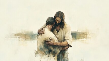 Watercolor painting of Jesus embracing an elderly man, conveying warmth and compassion. 