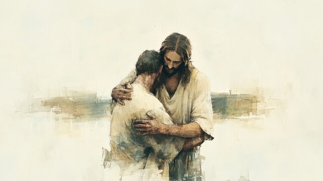 Watercolor painting of Jesus embracing an elderly man, conveying warmth and compassion.
