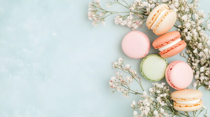 Creative flower macaroon arrangement frame with paper note spring summer birthday wedding valentine's day, mother's day with space for text