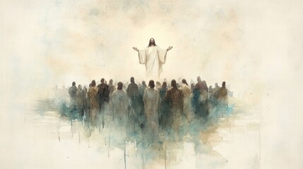 Watercolor painting of Christ’s ascension with a serene lake backdrop.

