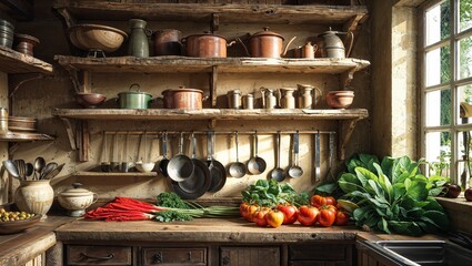 Cozy Rustic Kitchen with Organic Food