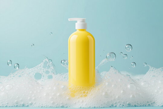 Refreshing yellow soap bottle surrounded by bubbles in a clean environment close-up view for skincare concept