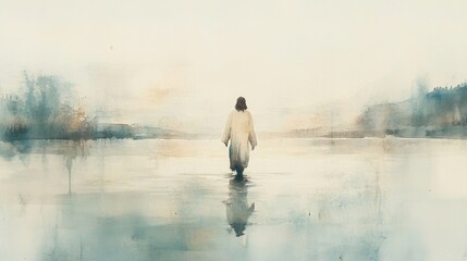 Peaceful watercolor of Jesus on water with a tranquil backdrop.
