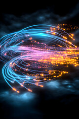 Obraz premium Abstract swirling light trails over city at night, futuristic technology concept, ideal for tech backgrounds