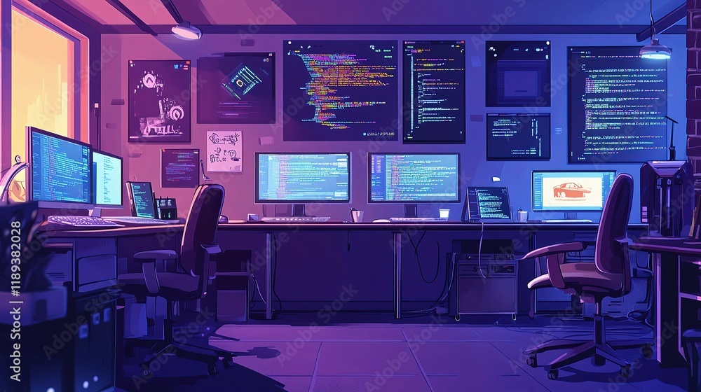 Poster modern programmers' room filled with advanced coding equipment