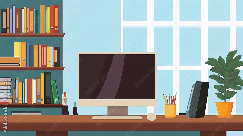 Poster neat home office setup with computer and books on bookshelf