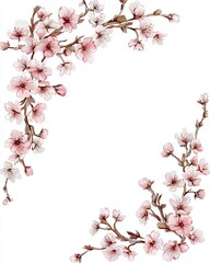 Fototapeta premium Delicate pink cherry blossoms frame a blank white background, creating a serene and elegant floral design.
