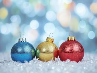 three christmas ornaments sitting in artificial snow