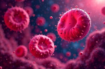 Close-up of blood cells against other cells and dark background. Concept of Blood Cells, Circulatory System, Medicine, Analyses