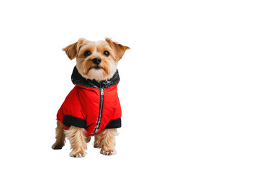 Yorkshire terrier puppy wearing red winter coat on transparent background