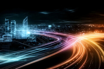 Cityscape at night, illuminated highways with light trails, futuristic digital city overlay, fast transportation.  Ideal for technology, innovation, or transportation concepts