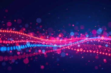 Abstract background, luminous curved horizontal lines consisting of neon, pink and blue lights smoothly curve against a dark background, surrounded by multi-colored lights, sparks and bokeh