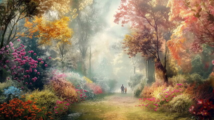 A couple runs along a green path in a park surroun_002
