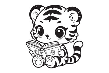 Cute Baby tiger Reading Book Cartoon outline 