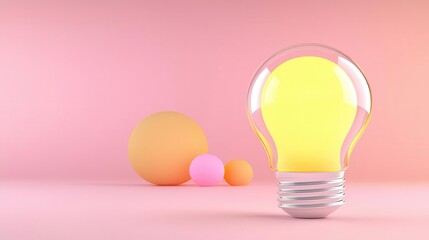 A modern light bulb illuminating against a pastel background with colorful spheres.