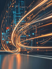 Cityscape night light trails, fast speed motion blur, digital data background, technology concept, website banner